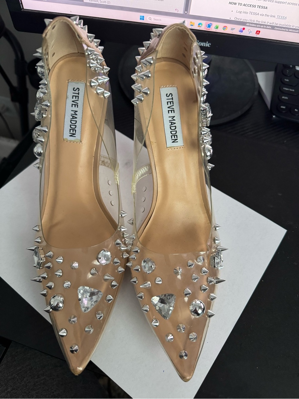 Steve Madden Nude Clear Pointed Toe Pumps with Silver Studs and Crystals